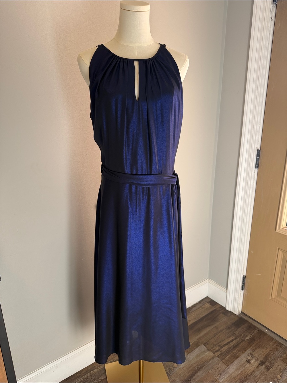 TAHARI Sleeveless Navy Halter Midi Dress